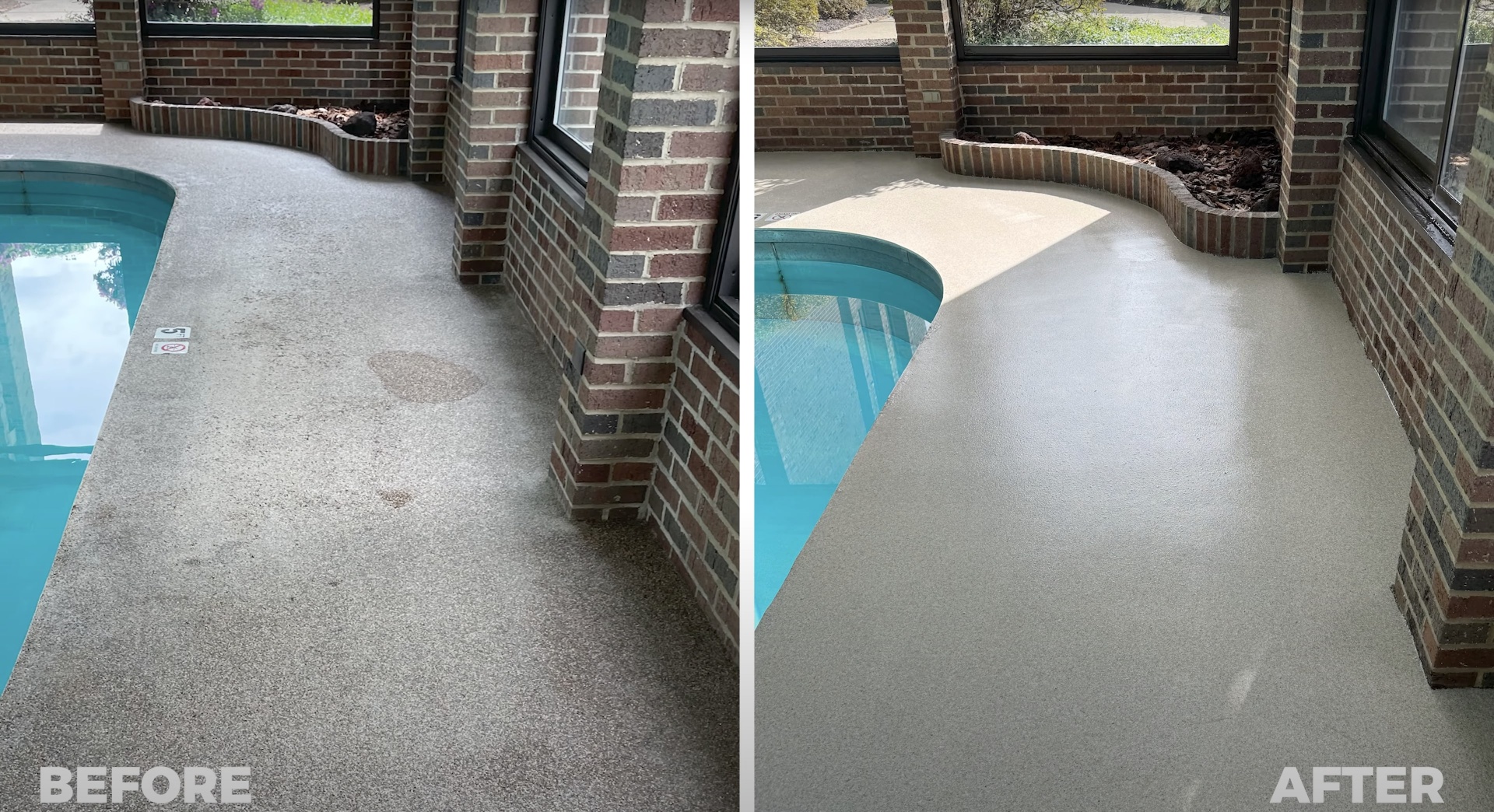 Pool deck concrete restoration and resurfacing services Pool deck concrete before and after restoration showing professional concrete resurfacing results